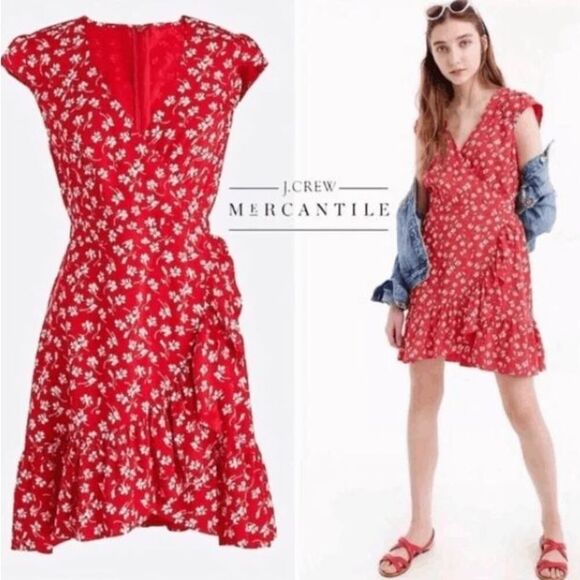 J. Crew Red White Floral Faux Wrap Mini Dress Ruffles Viscose Size 2 - Picture 1 of 15